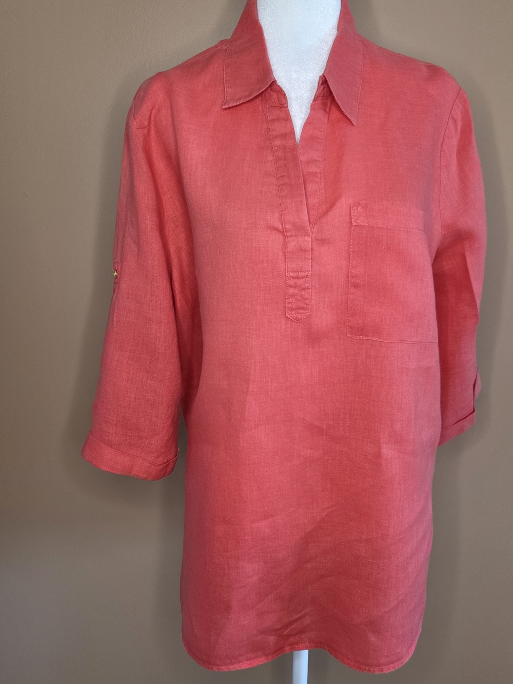 Ellen Tracy Top Sz M Coral Pink 3/4 Roll-tab Sleeves Chest Pocket 100%Linen
